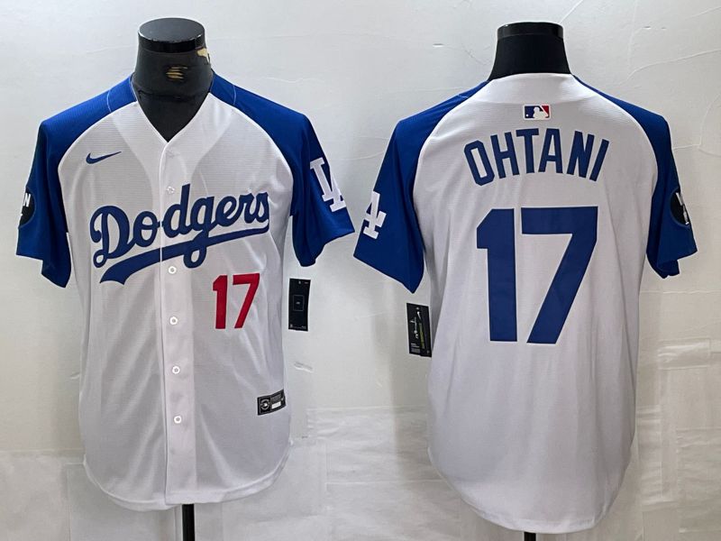 Men Los Angeles Dodgers #17 Ohtani White blue Fashion Nike Game MLB Jersey style 3